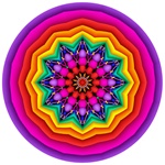 This simple mandala is formed of concentric rings around a beaded center, in a palette of rainbow hues.