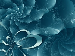 In this subtle image, a fractal bow floats above an aquatic scene in shades of teal. Spirals and other details evoke bubbles and the movement of ocean currents.