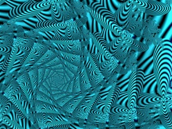 A swirl of pinwheels in monochrome cyan spiral into this fractal, in an effect evocative of Sixties-style op art and optical illusions.