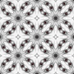 This delicate kaleidoscopic swatch in black and white, with just a touch of red, was made from our Space Port fractal. It has a starburst pattern and a slightly Moorish feel. Tile it for giftwrap, wallpaper, or textile designs.