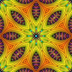 This kaleidoscopic background pattern, in brilliant yellows, oranges, and greens, was made from our Rainbow Tree fractal. The starburst shape and contrast between thick and thin lines would make it great for fabric or textile design.