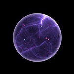 A glowing round blue sphere or planet floats against space, emanating sparks of electrical energy.
