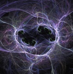 Blue and white sparks hiss and crackle in this fractal suggestive of an energy field, electrical storm, or lightning. You can almost feel the power!