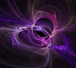 Arcs of blue, violet, and magenta light loop and crackle against black space in this high energy fractal. Electrical storm or black hole? You decide.