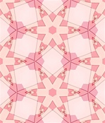 In a soft, pink feminine palette and a simple repeating star design, this kaleidoscopic swatch has a retro fifties feel. It was made from our <em>Martian Chronicles</em> fractal. Tile it for giftwrap, wallpaper, or textile designs.