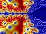 Named for the Newton formula from which it is derived, this abstract fractal image is replete with lots of dots and undulating waves in bold primary hues of red, yellow, and blue.