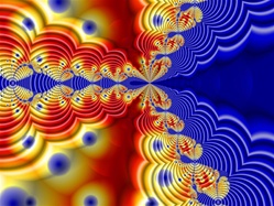 Named for the Newton formula from which it is derived, this abstract fractal image is replete with lots of dots and undulating waves in bold primary hues of red, yellow, and blue.