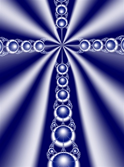 This white fractal cross against a blue sky emanates rays of light and can be used to communicate religious faith or a calm, tranquil meditative state.