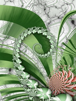 A study in green. This spring garden is in full bloom, with a dahlia blossom, coiled pea vine, and a fan shaped spray of satiny palm leaves against a marbled background.