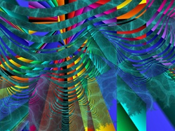 In this abstract fractal artwork, a series of undulating rainbow waves cascades over an aquatic background.