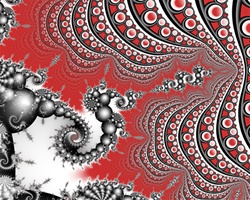 An elegant spiral of grey pearly spheres intersects with a blood red background containing wave after wave of polka dots.