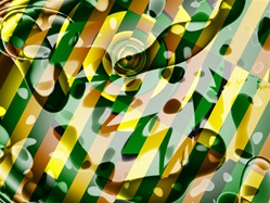 This reflective puddle in brown, green, and yellow looks like spilled oil or water on a slick vinyl tablecloth, or maybe a record jacket from the jazz era.