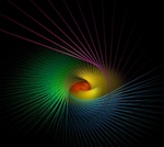 This brilliant spiral of lines and rays in rainbow hues against a deep black background resembles a fringe of eyelashes or a delicate creature.