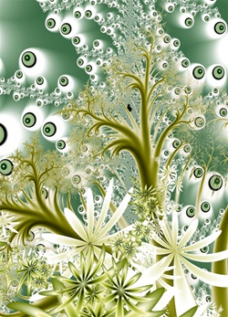 In this maritime, nature-themed fractal, delicate strands of seaweed and shimmering green aquatic blooms float against a bubbly aerated background. Great fractal for puzzle use.